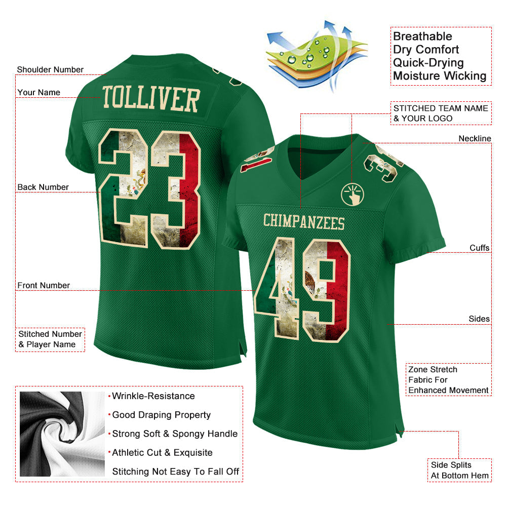 Custom Kelly Green Vintage Mexican Flag-City Cream Mesh Authentic Football Jersey view 2