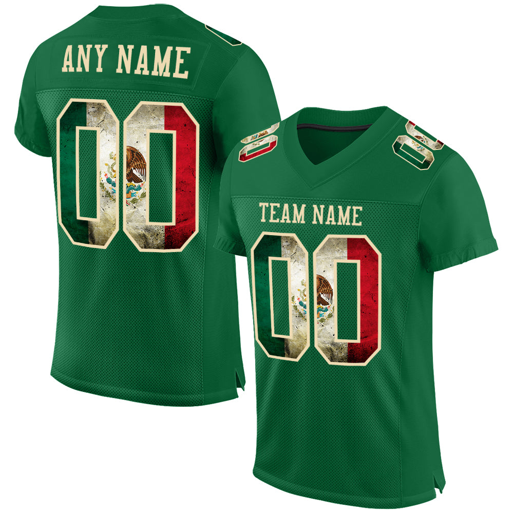 Custom Kelly Green Vintage Mexican Flag-City Cream Mesh Authentic Football Jersey - Main View