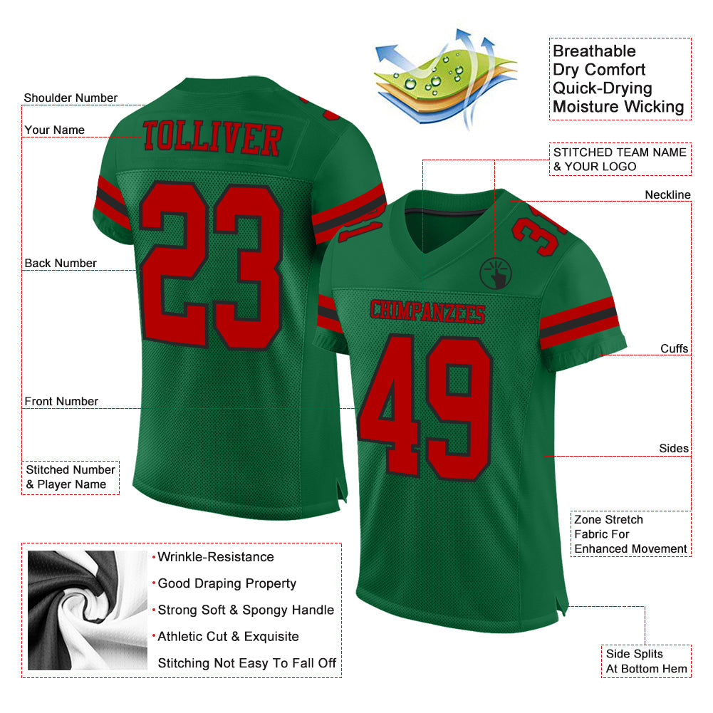 Custom Kelly Green Red-Black Mesh Authentic Football Jersey view 2