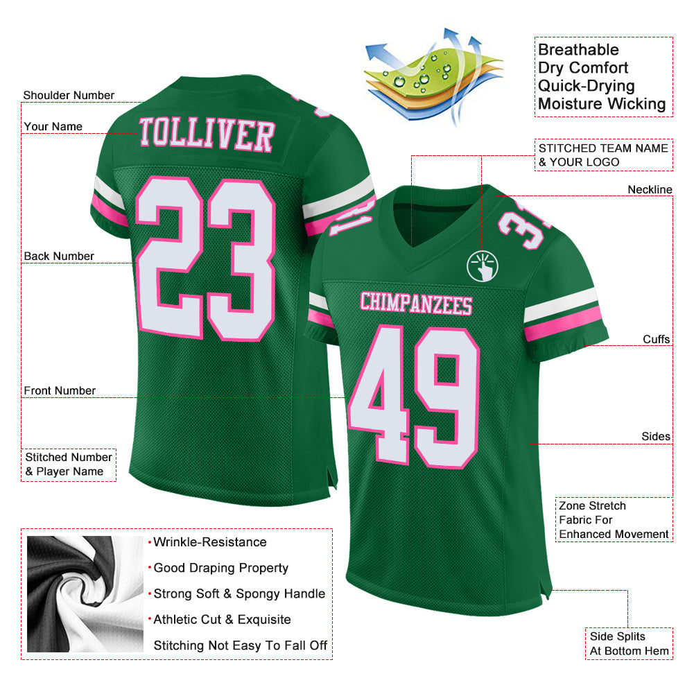Custom Kelly Green White-Pink Mesh Authentic Football Jersey view 2