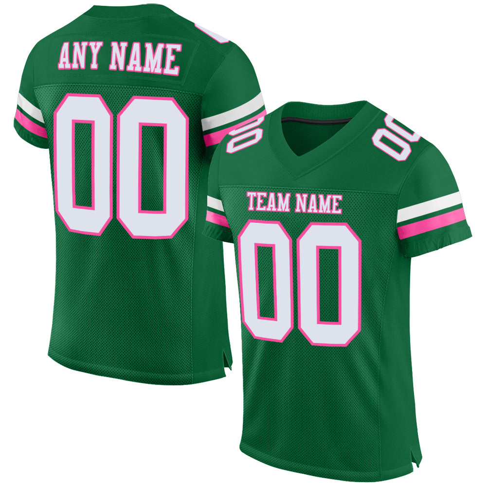 Custom Kelly Green White-Pink Mesh Authentic Football Jersey - Main View