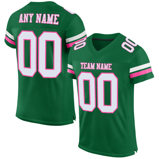 Custom Kelly Green White-Pink Mesh Authentic Football Jersey - Main View