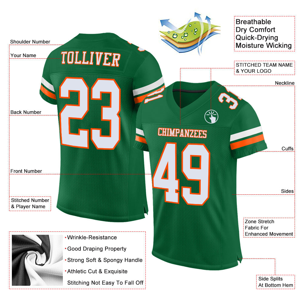 Custom Kelly Green White-Orange Mesh Authentic Football Jersey view 2