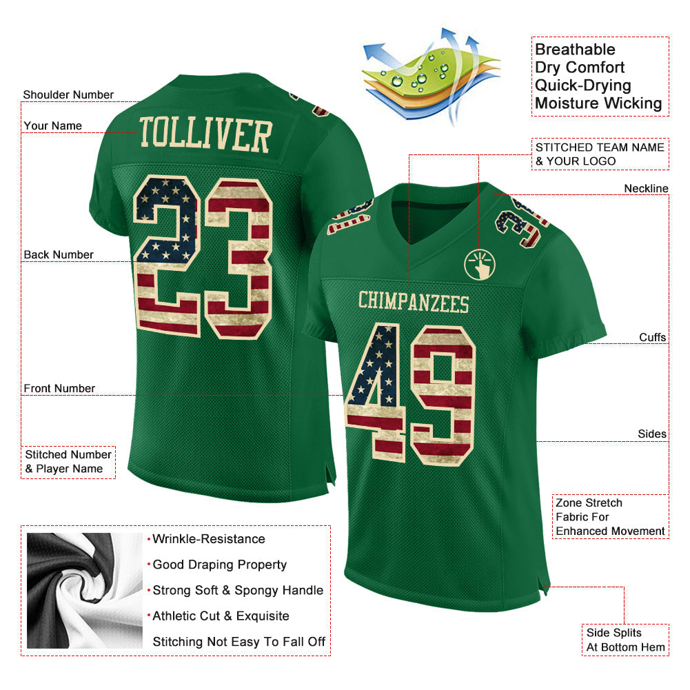 Custom Kelly Green Vintage USA Flag-City Cream Mesh Authentic Football Jersey view 2