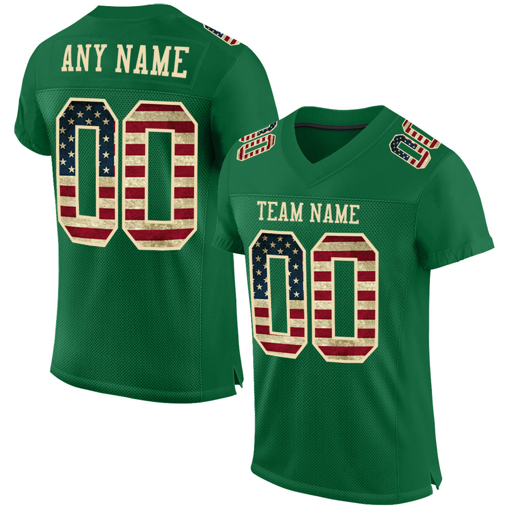 Custom Kelly Green Vintage USA Flag-City Cream Mesh Authentic Football Jersey - Main View