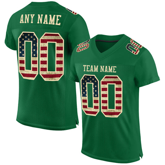 Custom Kelly Green Vintage USA Flag-City Cream Mesh Authentic Football Jersey - Main View
