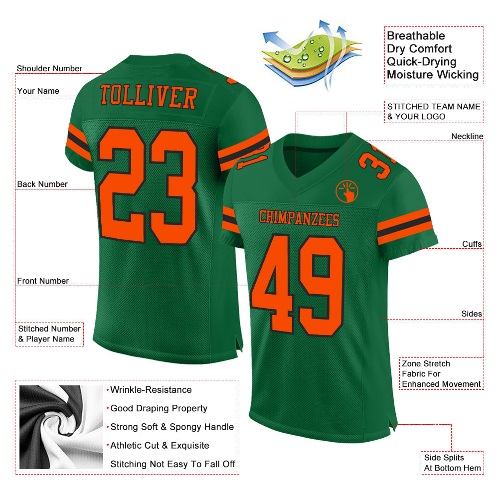 Custom Kelly Green Orange-Black Mesh Authentic Football Jersey view 2