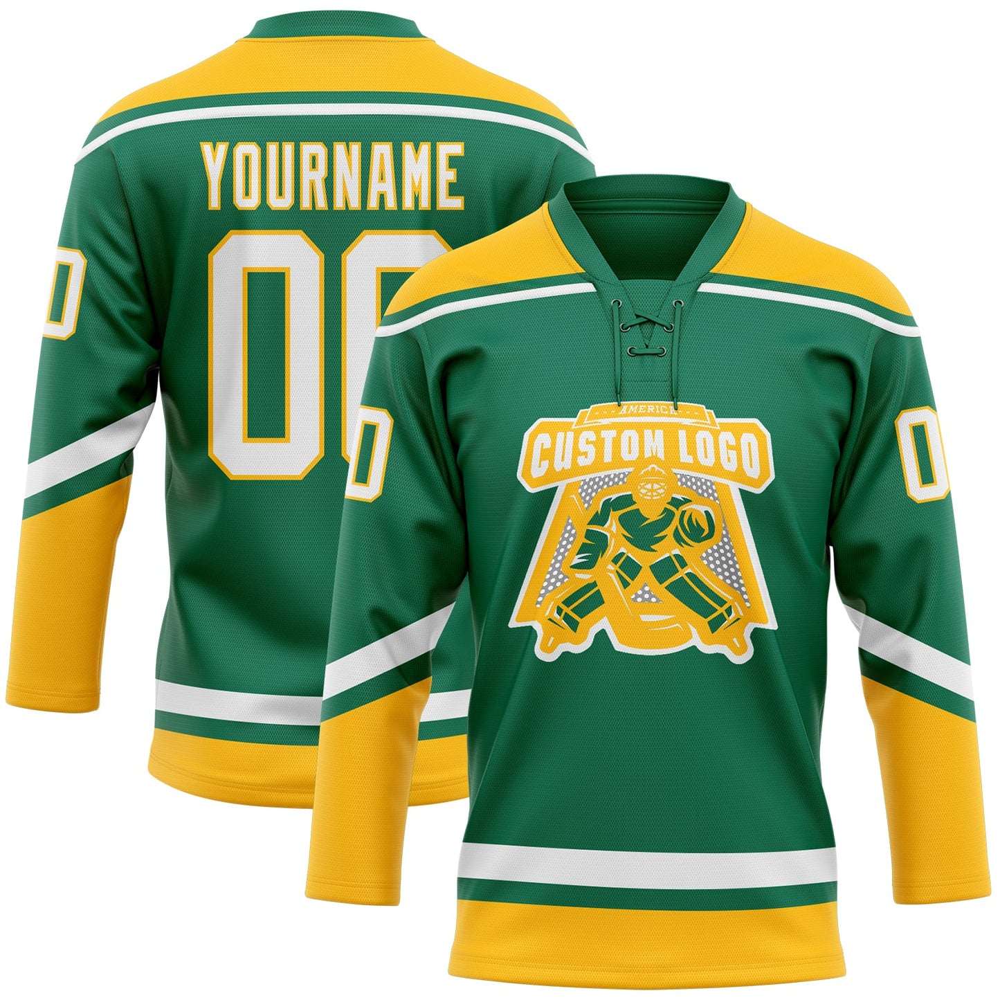 Custom Kelly Green White-Gold Hockey Lace Neck Jersey view 2