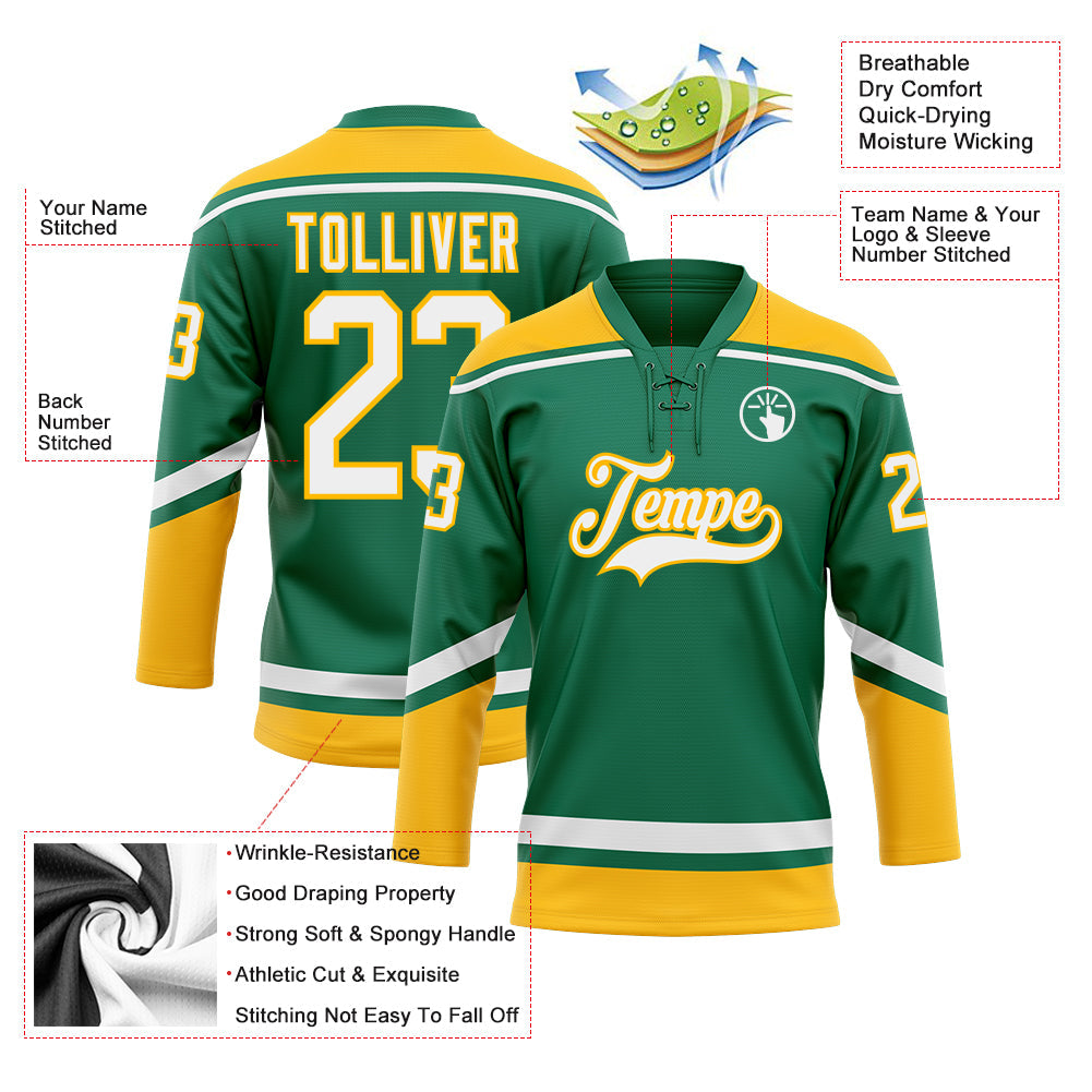 Custom Kelly Green White-Gold Hockey Lace Neck Jersey view 3