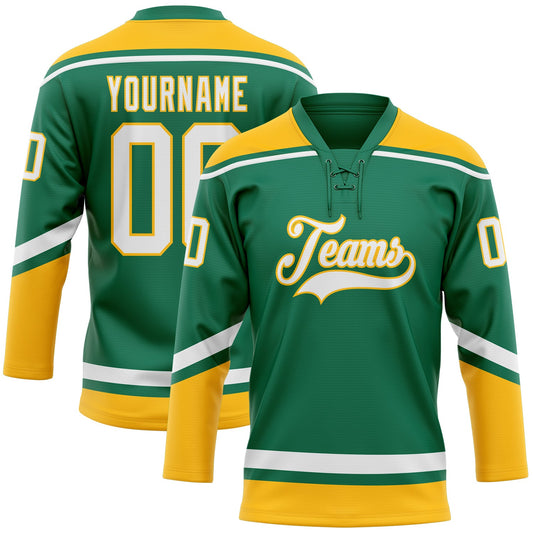 Custom Kelly Green White-Gold Hockey Lace Neck Jersey - Main View