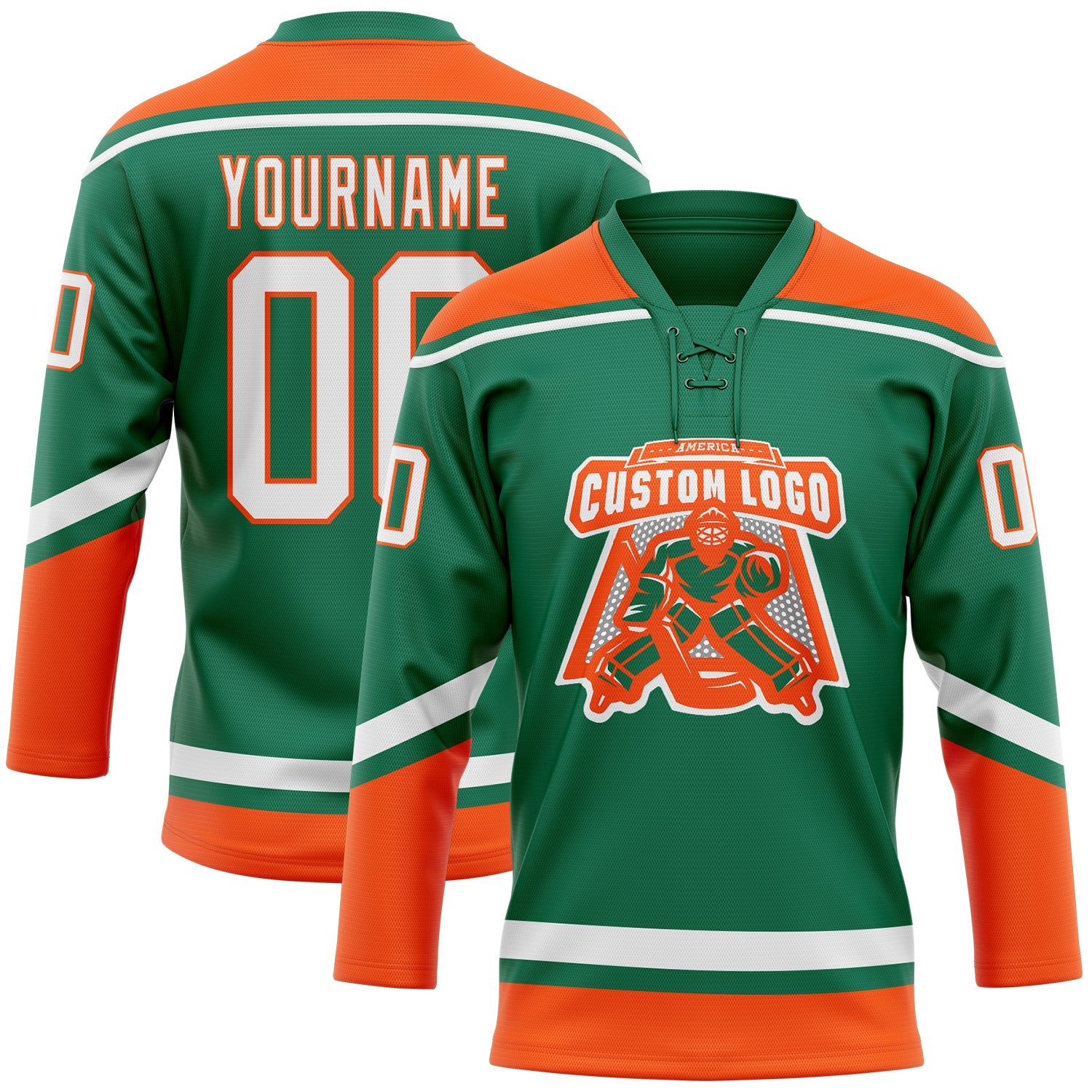 Custom Kelly Green White-Orange Hockey Lace Neck Jersey view 2