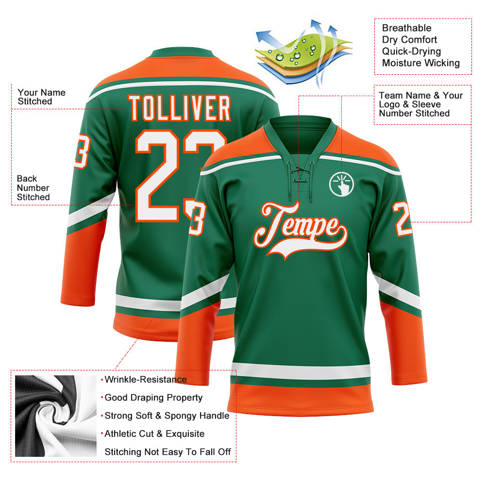 Custom Kelly Green White-Orange Hockey Lace Neck Jersey view 3