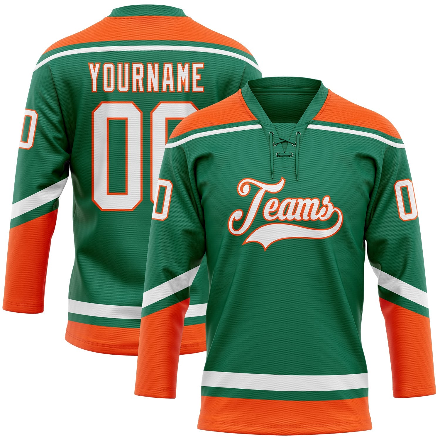 Custom Kelly Green White-Orange Hockey Lace Neck Jersey - Main View
