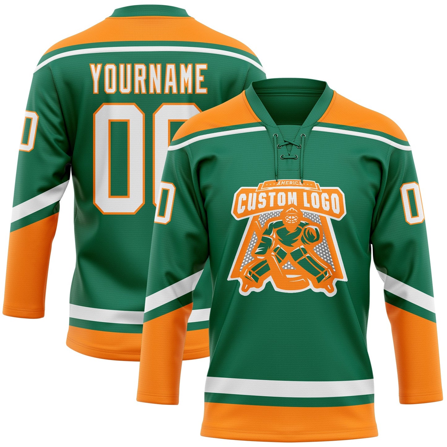 Custom Kelly Green White-Bay Orange Hockey Lace Neck Jersey view 2