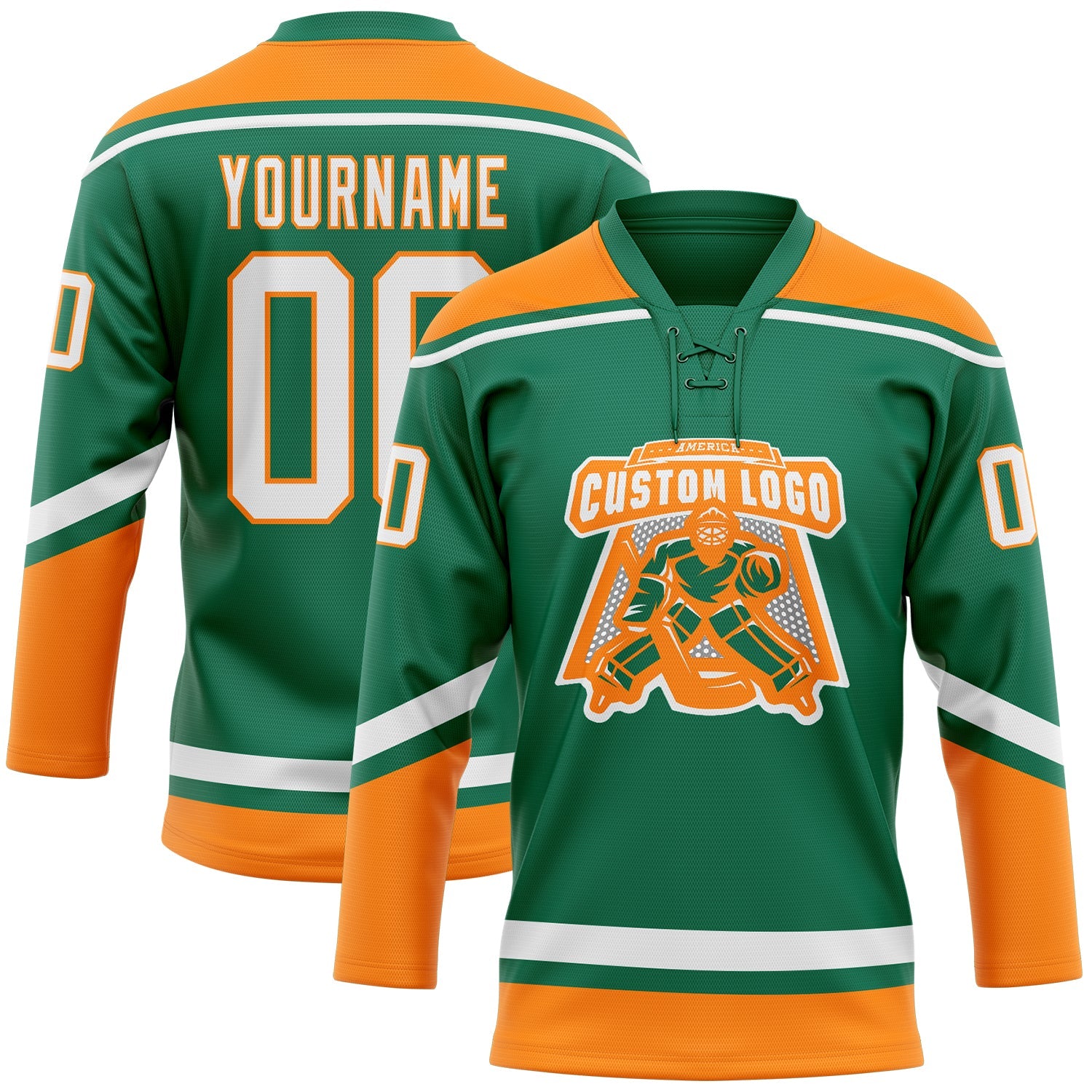 Custom Kelly Green White-Bay Orange Hockey Lace Neck Jersey view 2