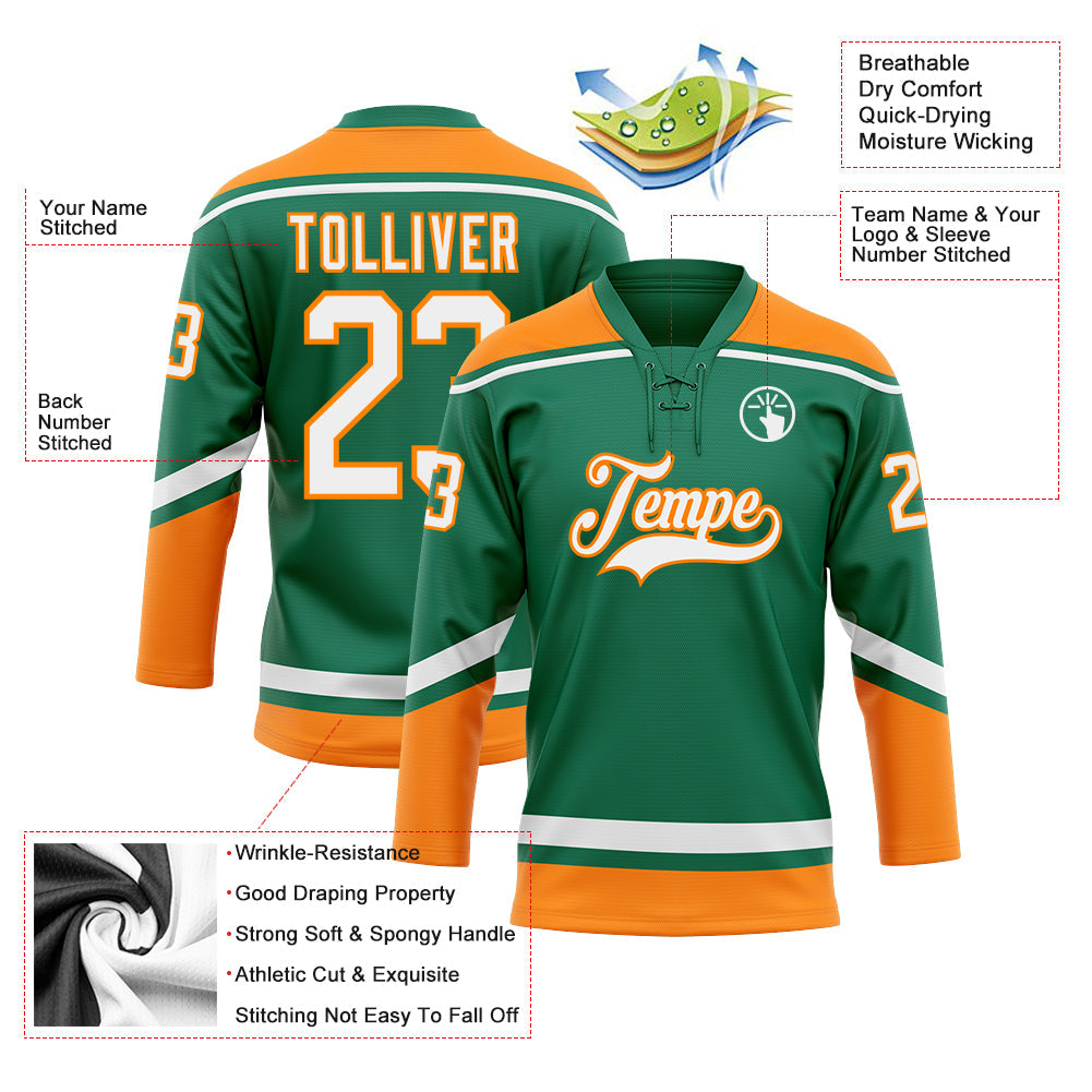 Custom Kelly Green White-Bay Orange Hockey Lace Neck Jersey view 3