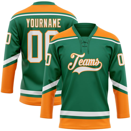Custom Kelly Green White-Bay Orange Hockey Lace Neck Jersey - Main View