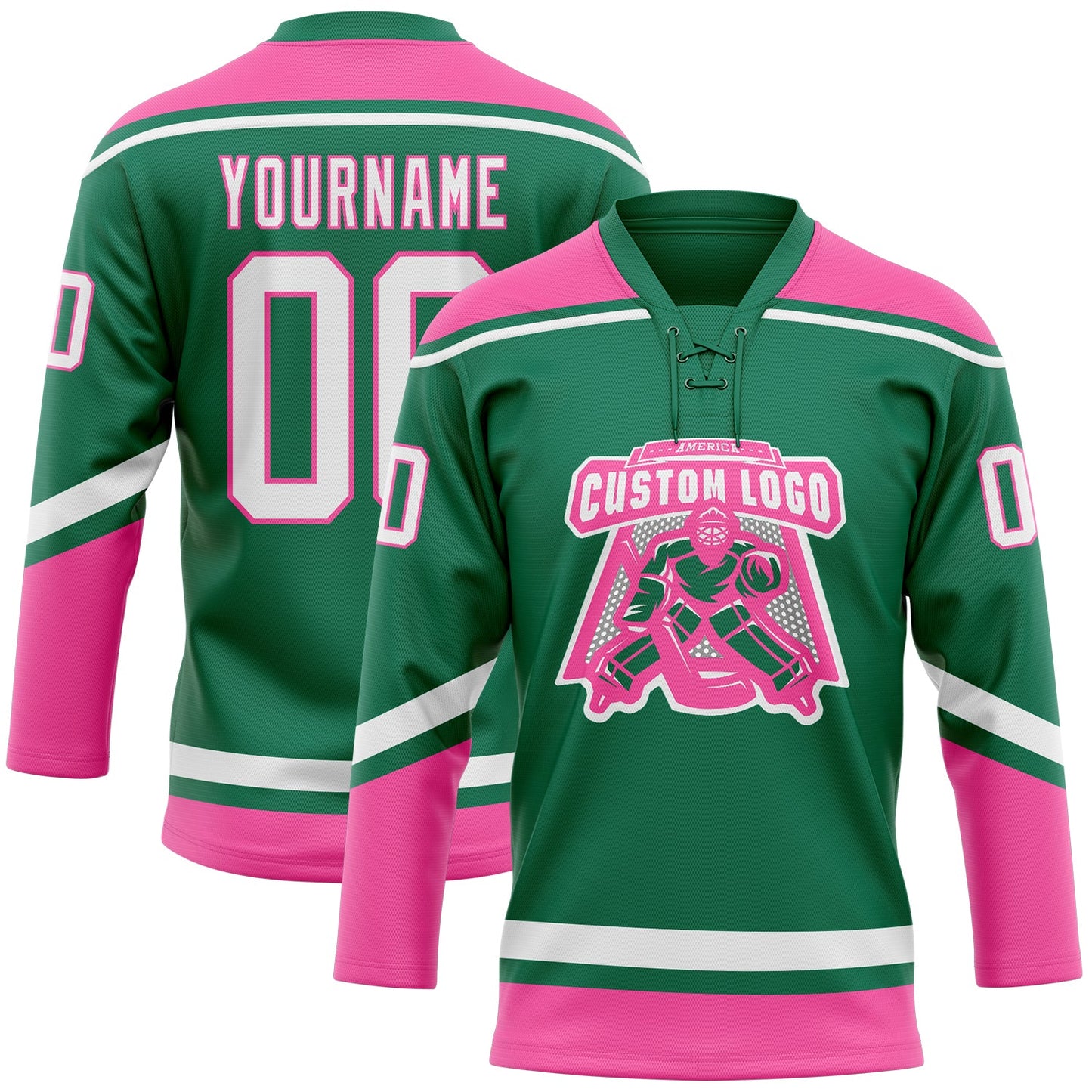 Custom Kelly Green White-Pink Hockey Lace Neck Jersey view 2