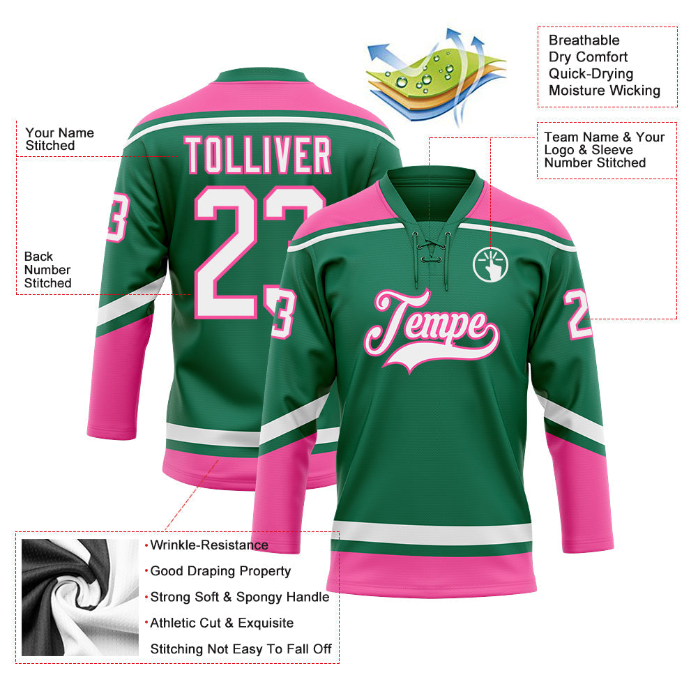Custom Kelly Green White-Pink Hockey Lace Neck Jersey view 3