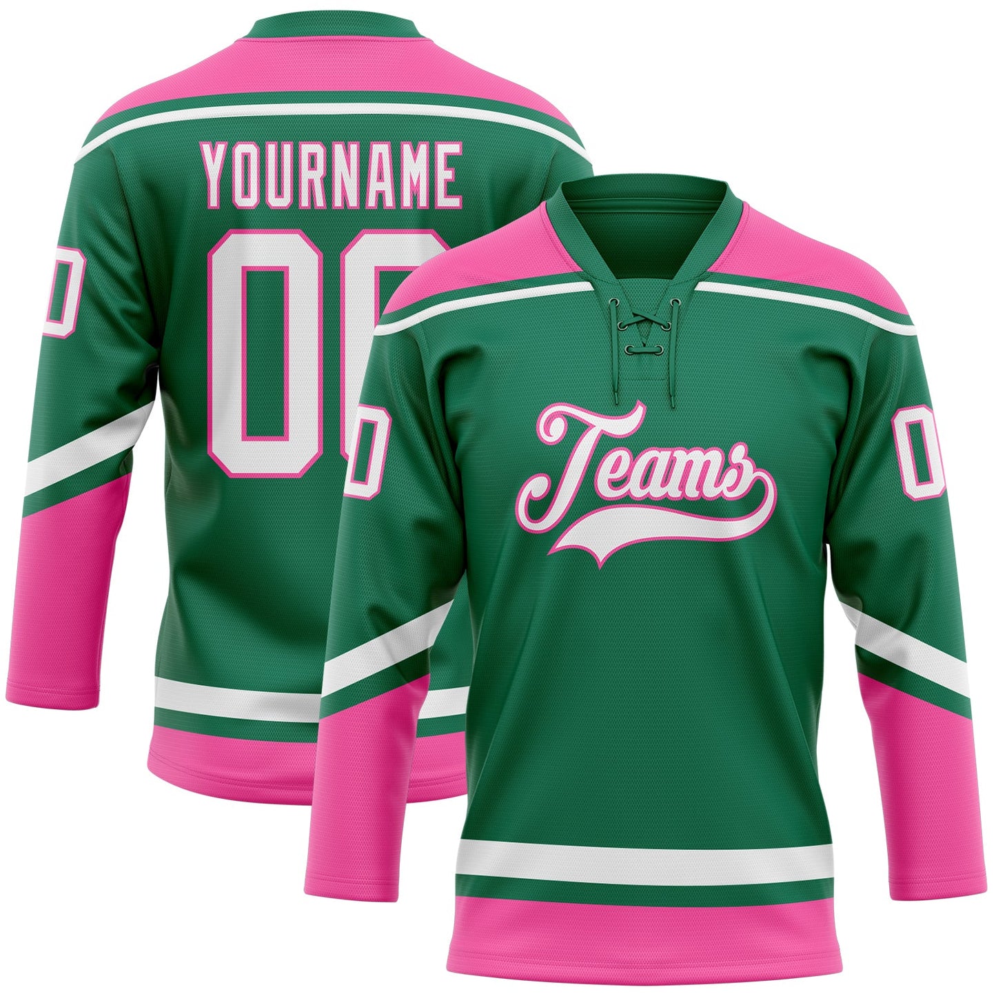 Custom Kelly Green White-Pink Hockey Lace Neck Jersey - Main View