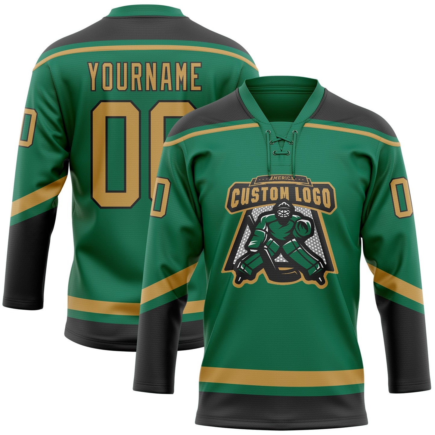 Custom Kelly Green Old Gold-Black Hockey Lace Neck Jersey view 2