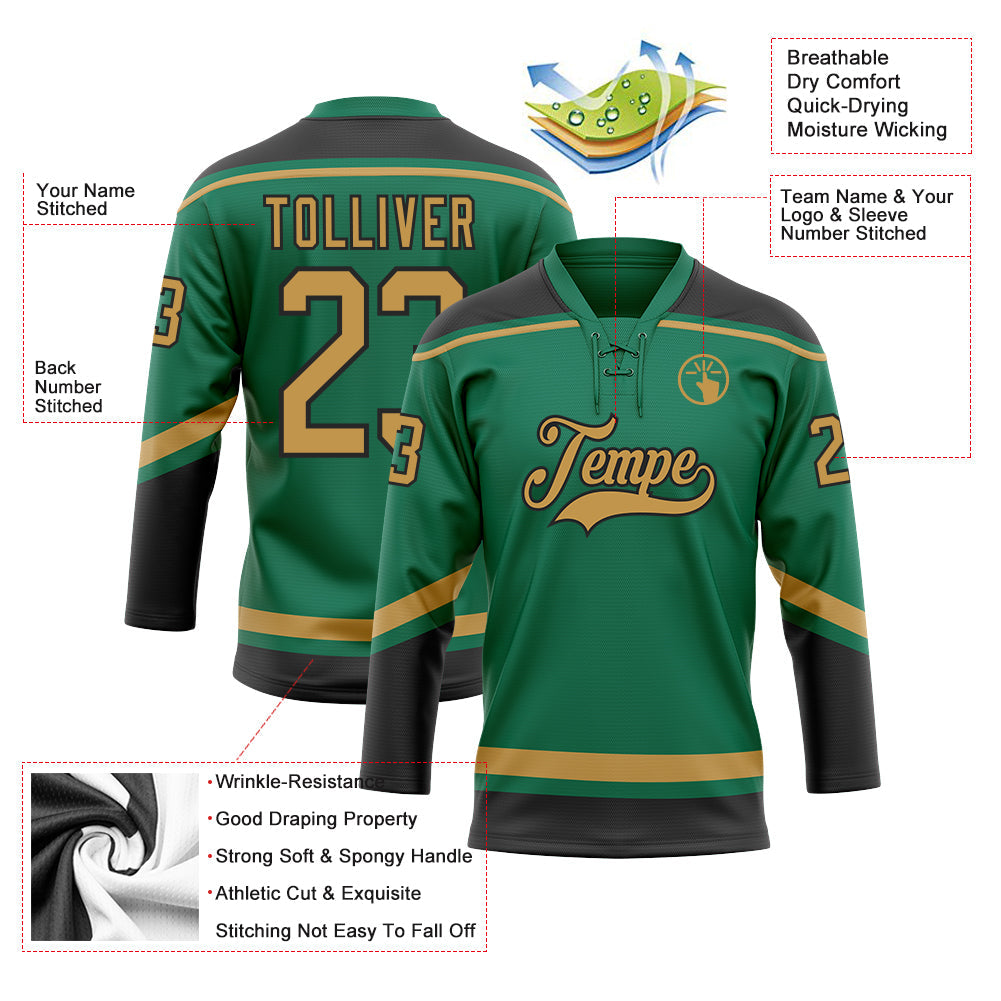 Custom Kelly Green Old Gold-Black Hockey Lace Neck Jersey view 3