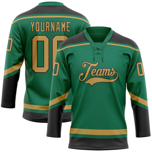 Custom Kelly Green Old Gold-Black Hockey Lace Neck Jersey - Main View