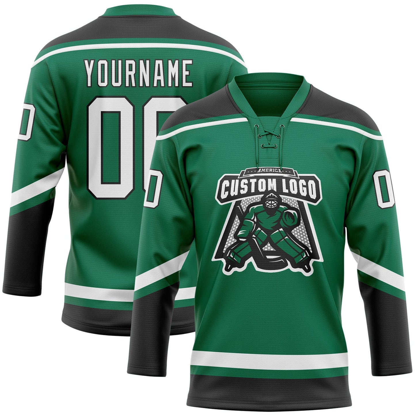 Custom Kelly Green White-Black Hockey Lace Neck Jersey view 2