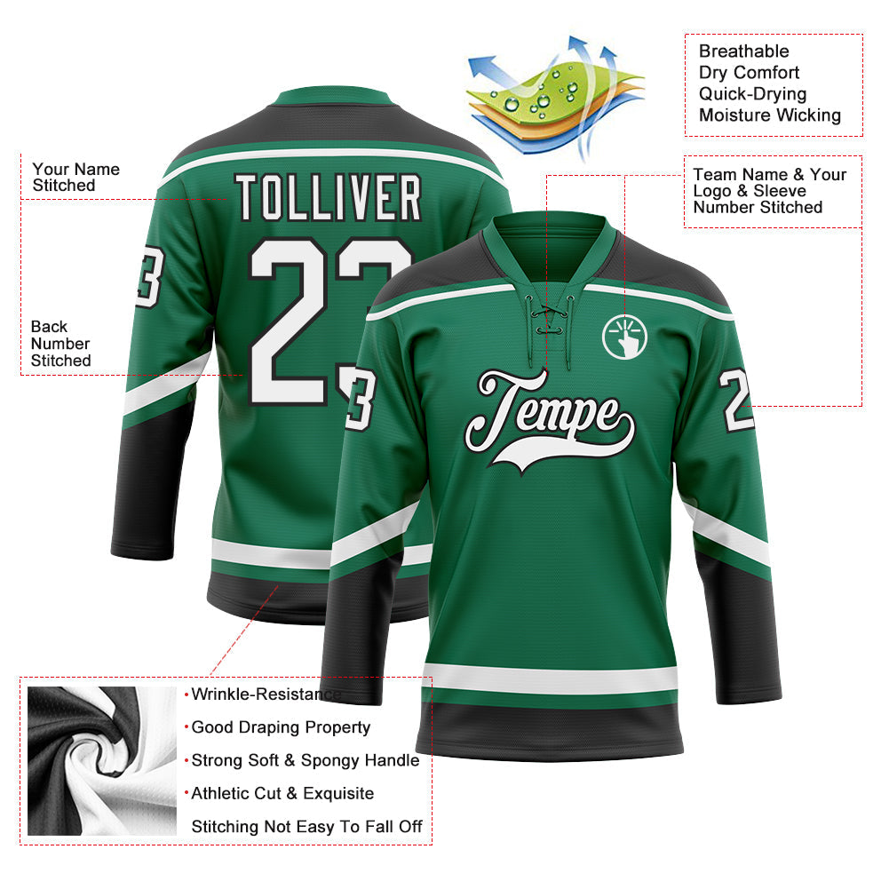 Custom Kelly Green White-Black Hockey Lace Neck Jersey view 3