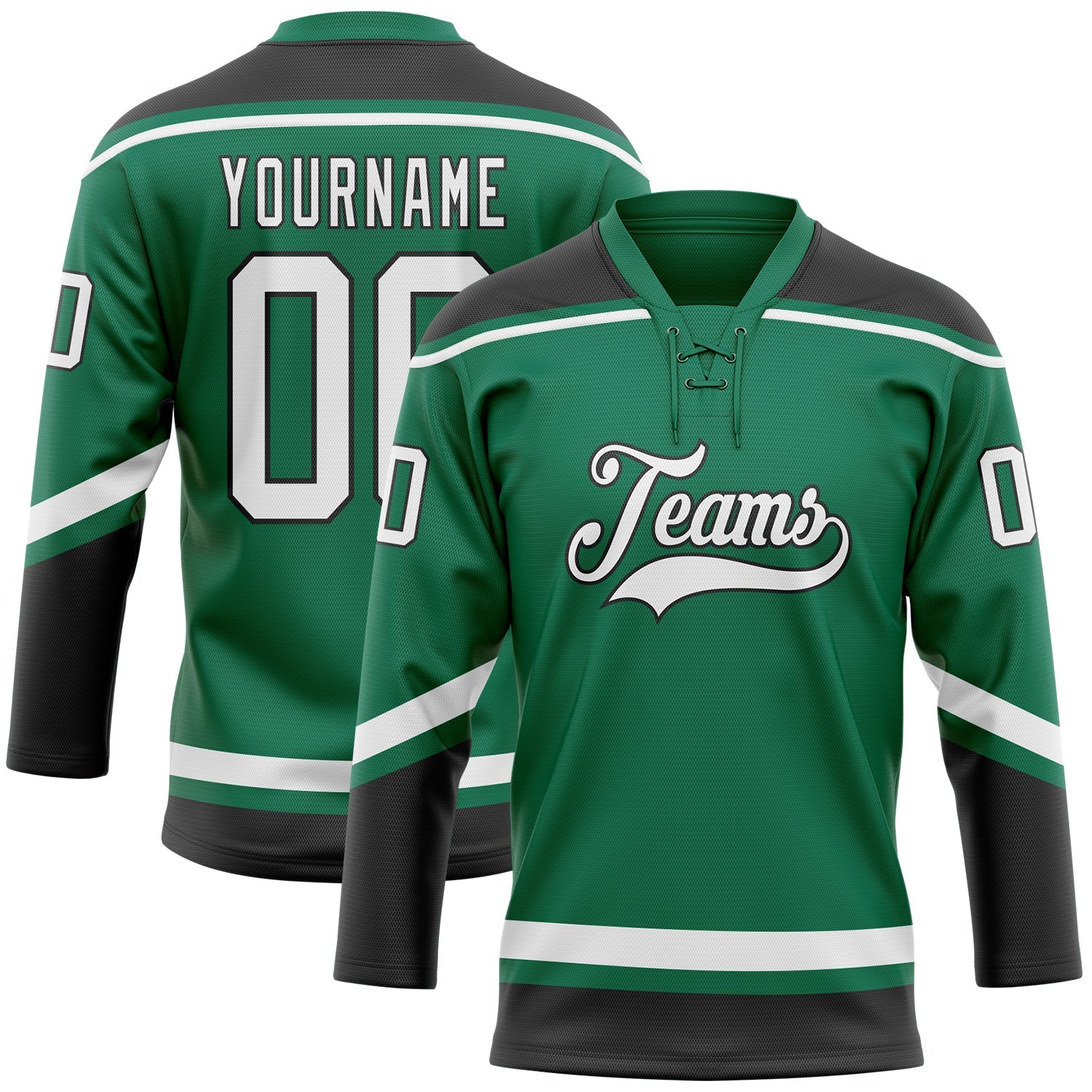 Custom Kelly Green White-Black Hockey Lace Neck Jersey - Main View