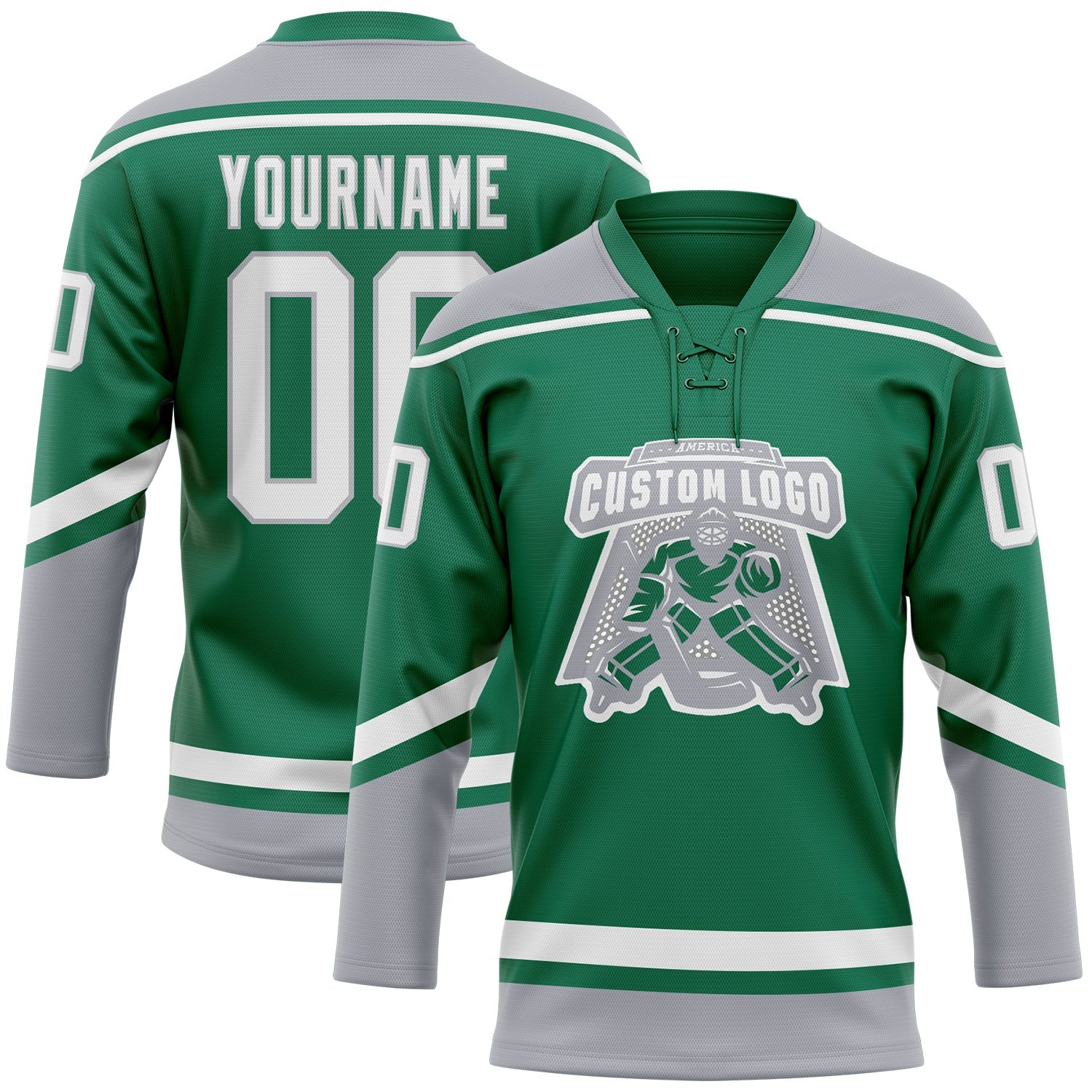 Custom Kelly Green White-Gray Hockey Lace Neck Jersey view 2