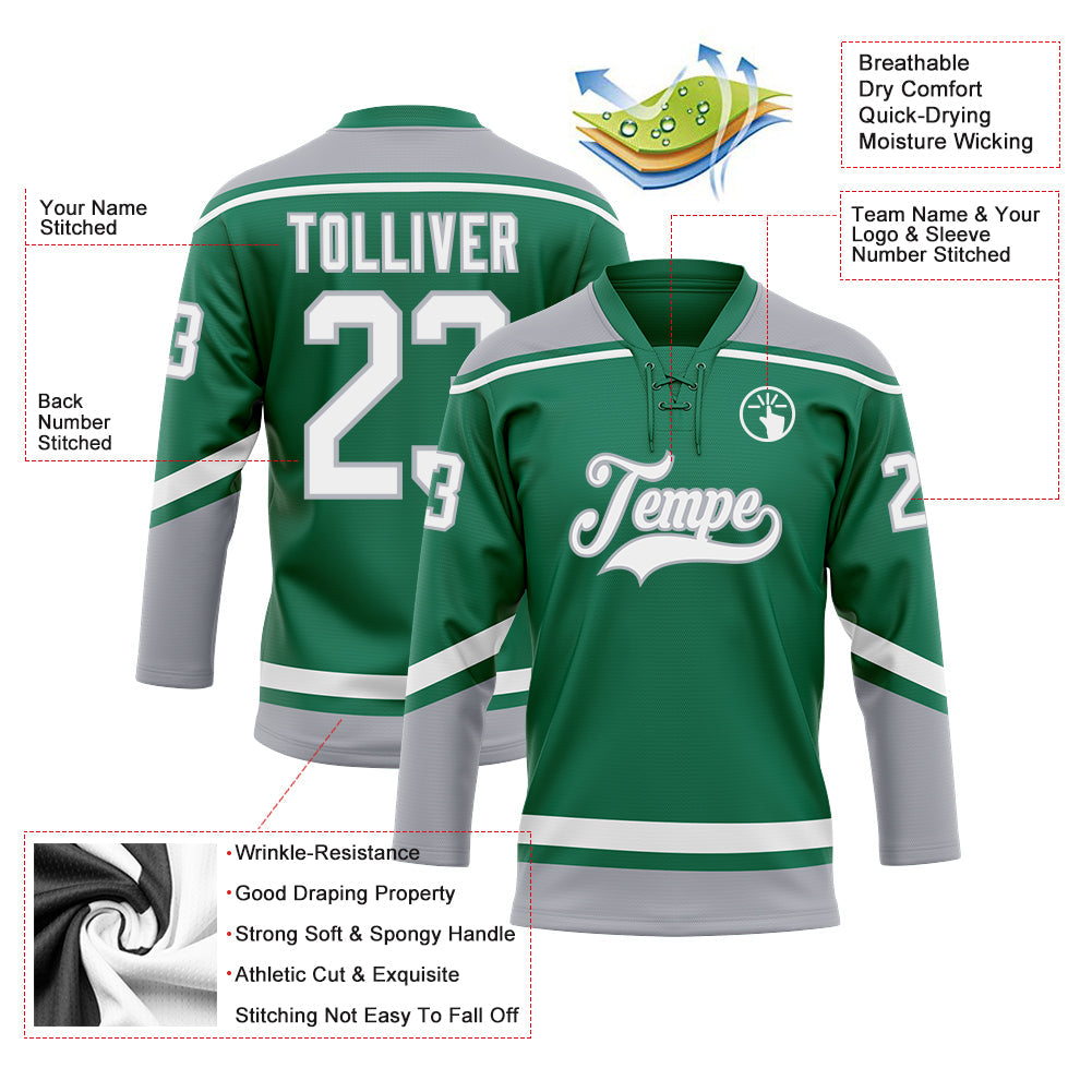 Custom Kelly Green White-Gray Hockey Lace Neck Jersey view 3