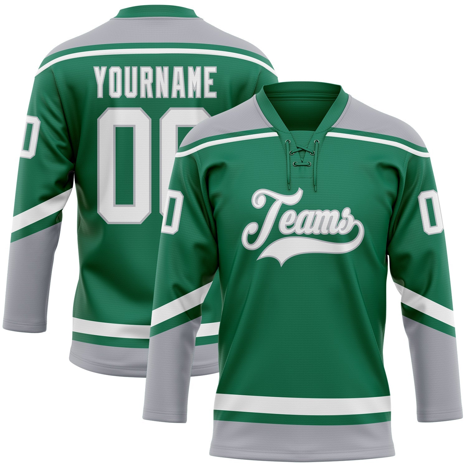 Custom Kelly Green White-Gray Hockey Lace Neck Jersey - Main View