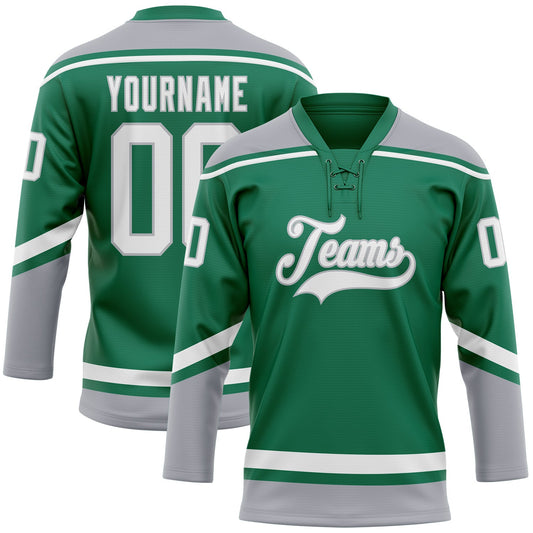 Custom Kelly Green White-Gray Hockey Lace Neck Jersey - Main View