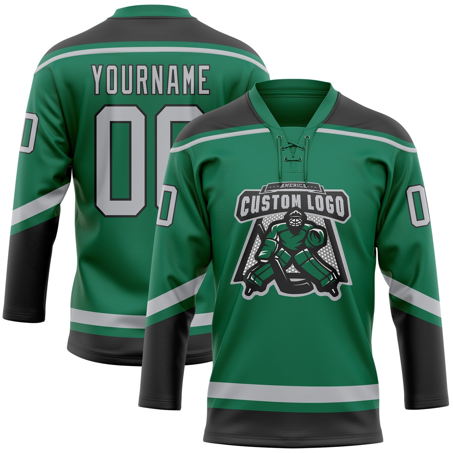 Custom Kelly Green Gray-Black Hockey Lace Neck Jersey view 2
