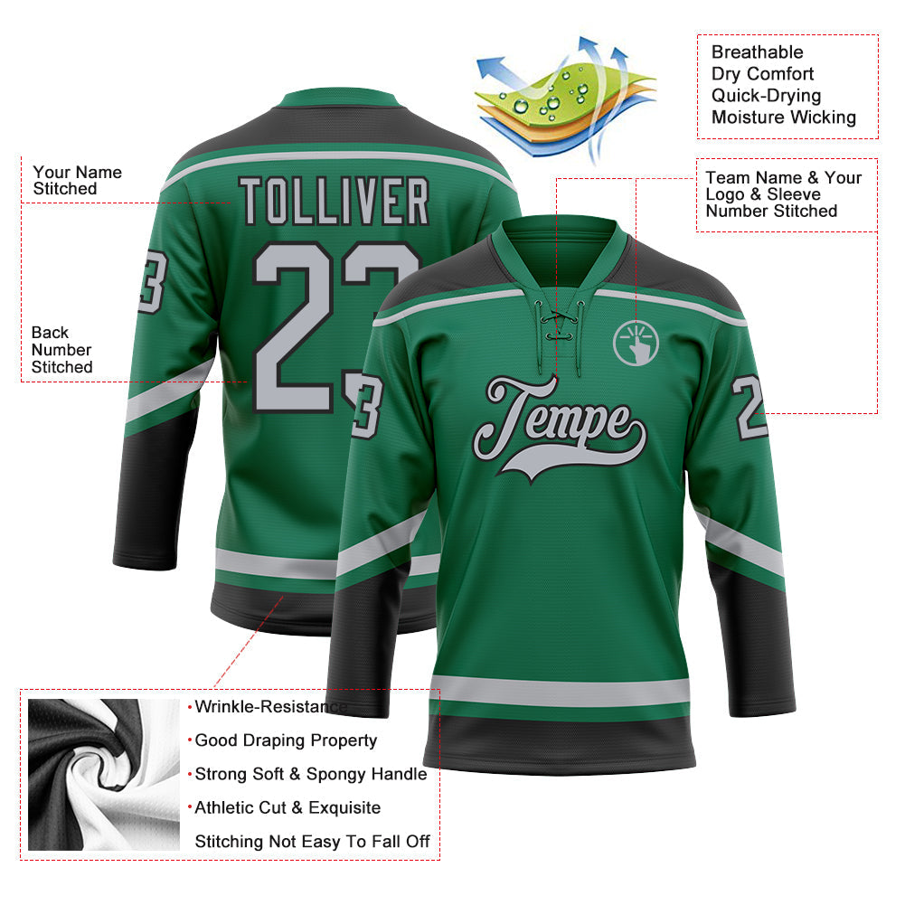 Custom Kelly Green Gray-Black Hockey Lace Neck Jersey view 3