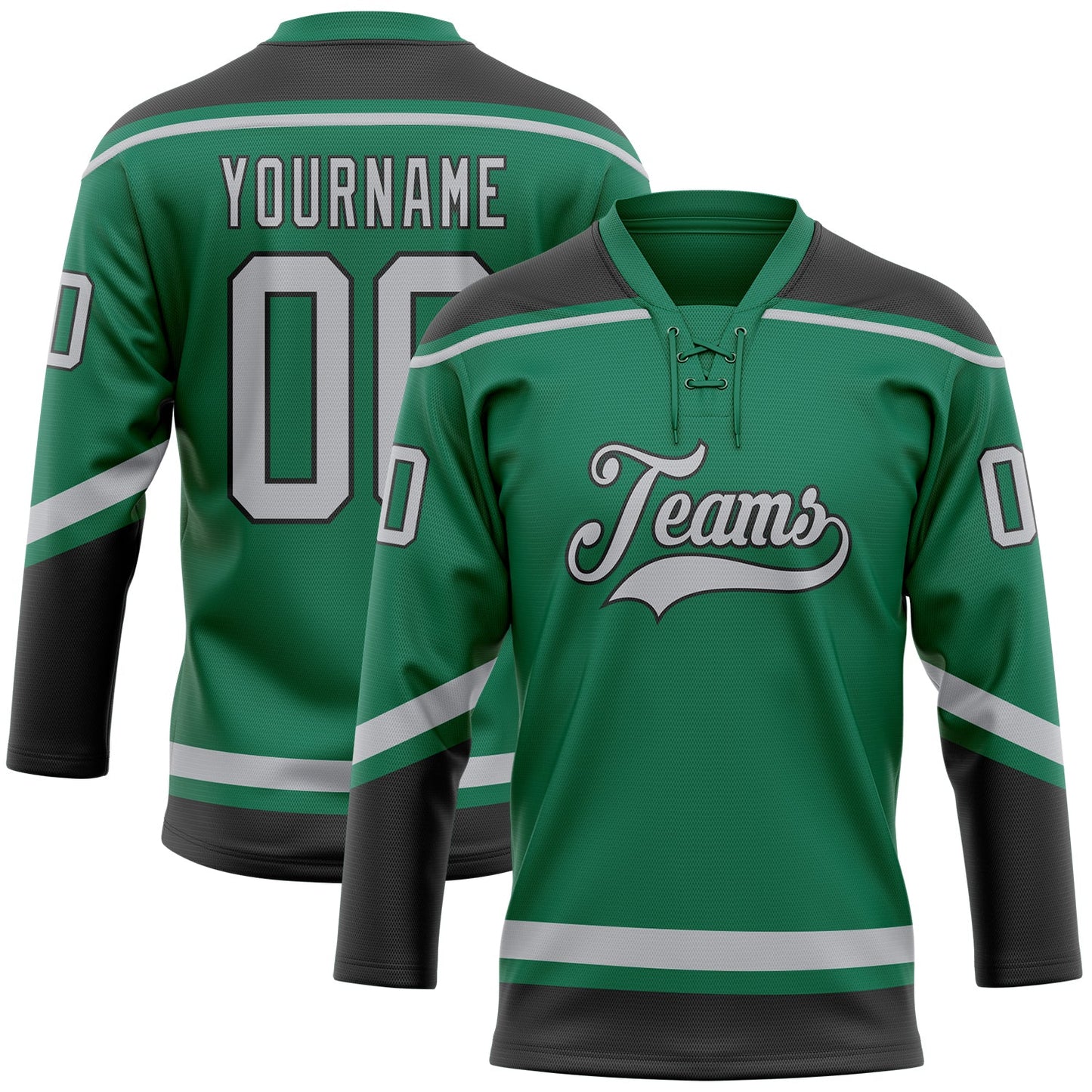Custom Kelly Green Gray-Black Hockey Lace Neck Jersey - Main View
