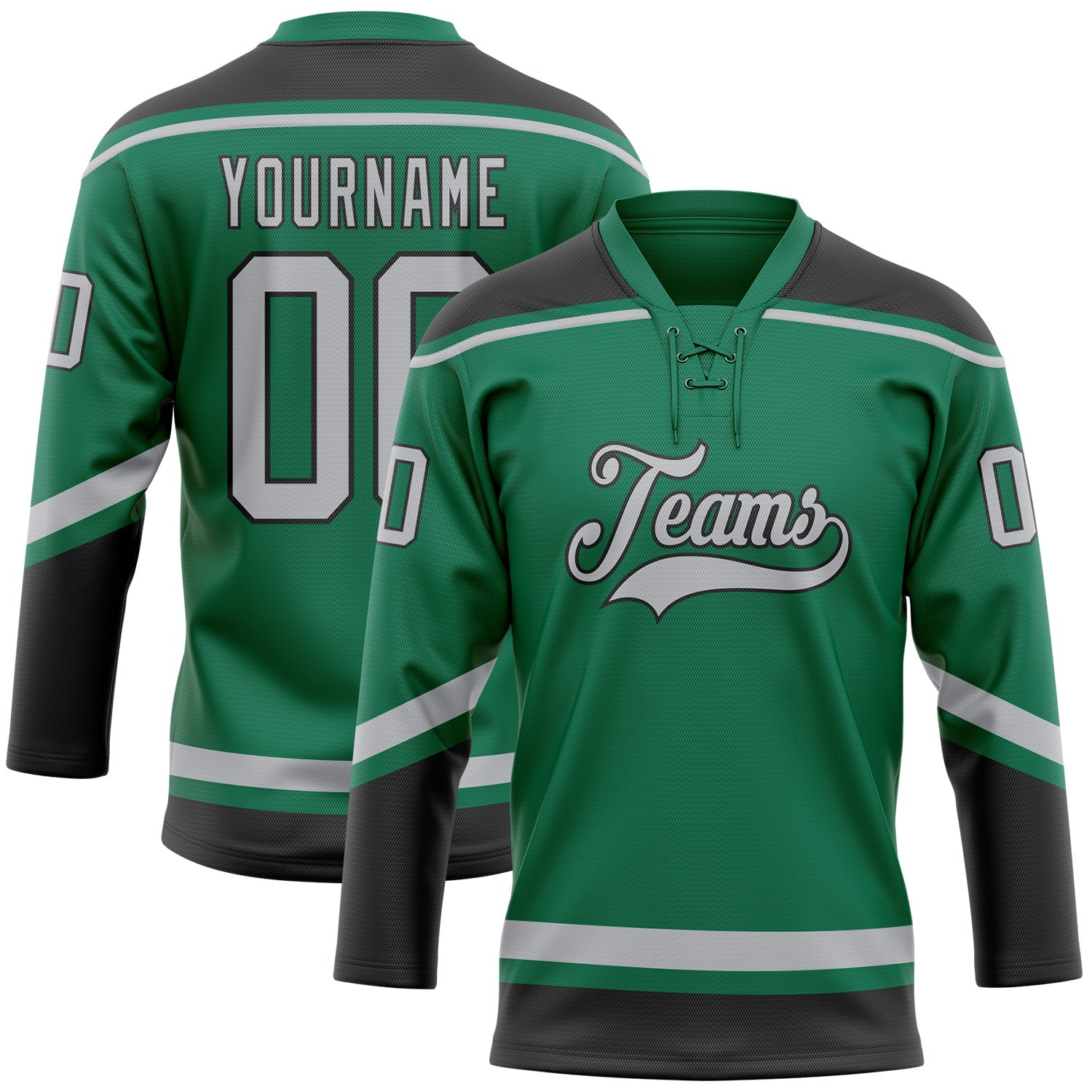 Custom Kelly Green Gray-Black Hockey Lace Neck Jersey - Main View