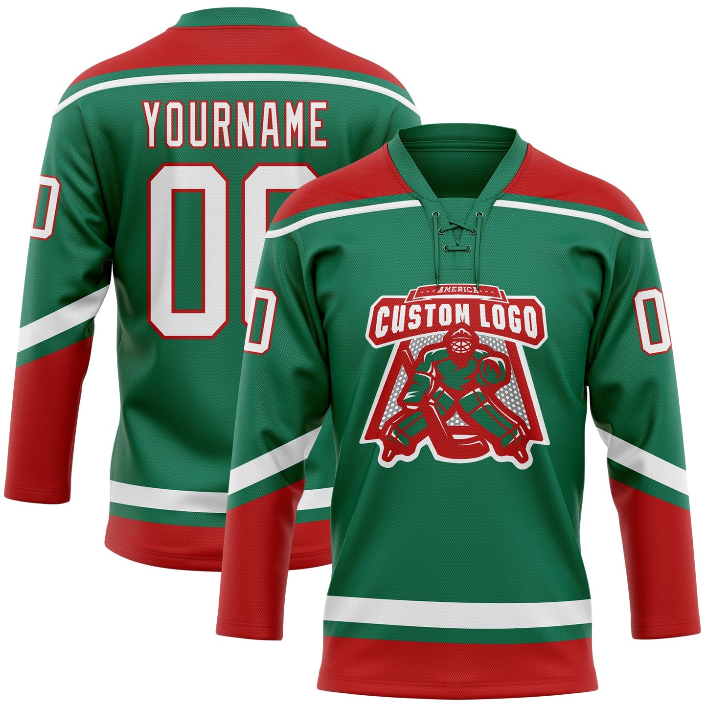Custom Kelly Green White-Red Hockey Lace Neck Jersey view 2