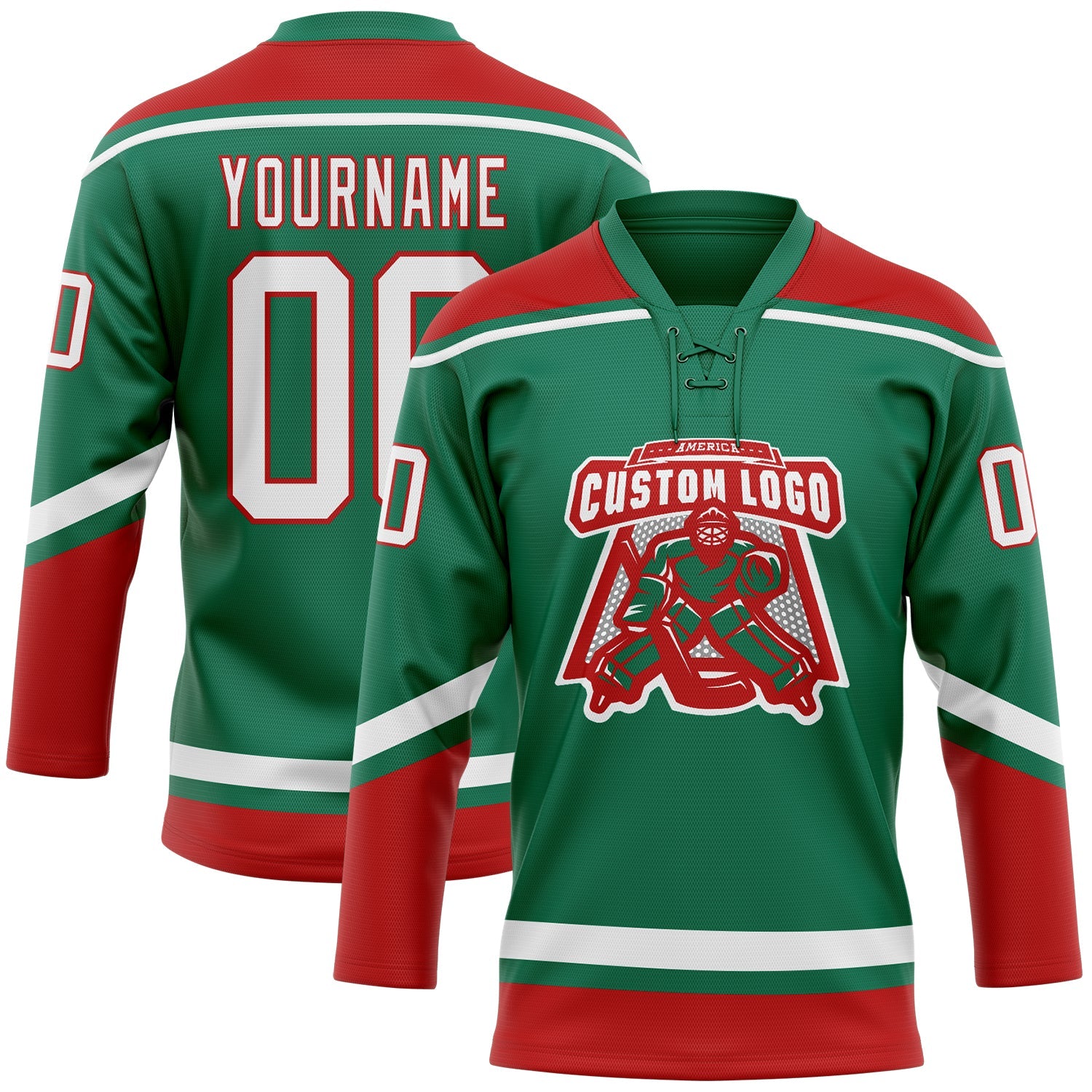 Custom Kelly Green White-Red Hockey Lace Neck Jersey view 2