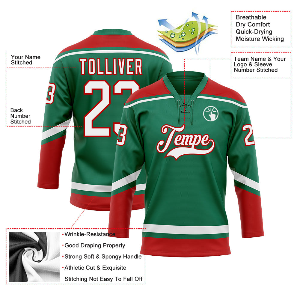 Custom Kelly Green White-Red Hockey Lace Neck Jersey view 3