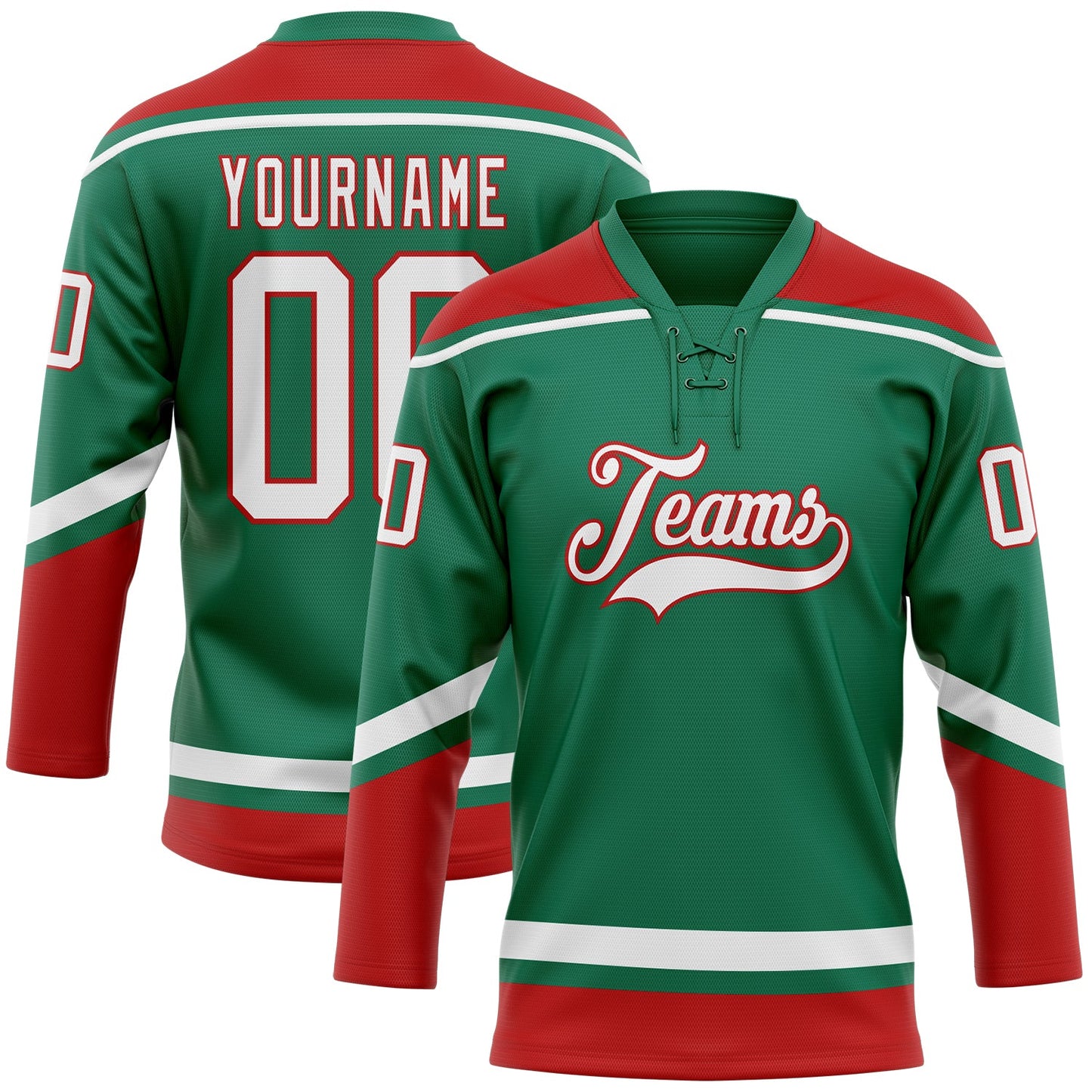 Custom Kelly Green White-Red Hockey Lace Neck Jersey - Main View