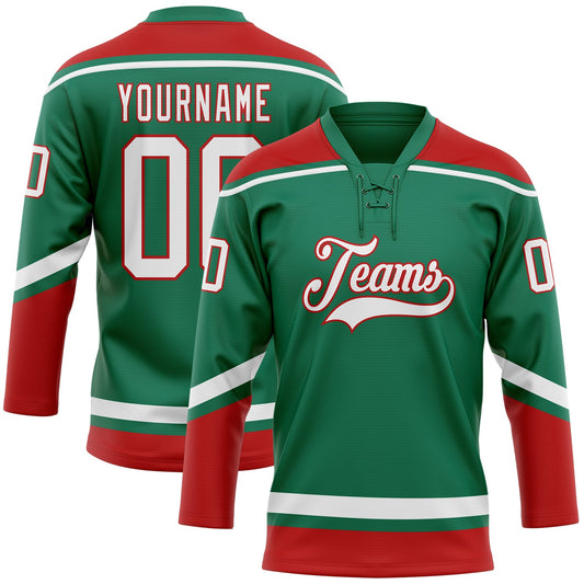 Custom Kelly Green White-Red Hockey Lace Neck Jersey - Main View