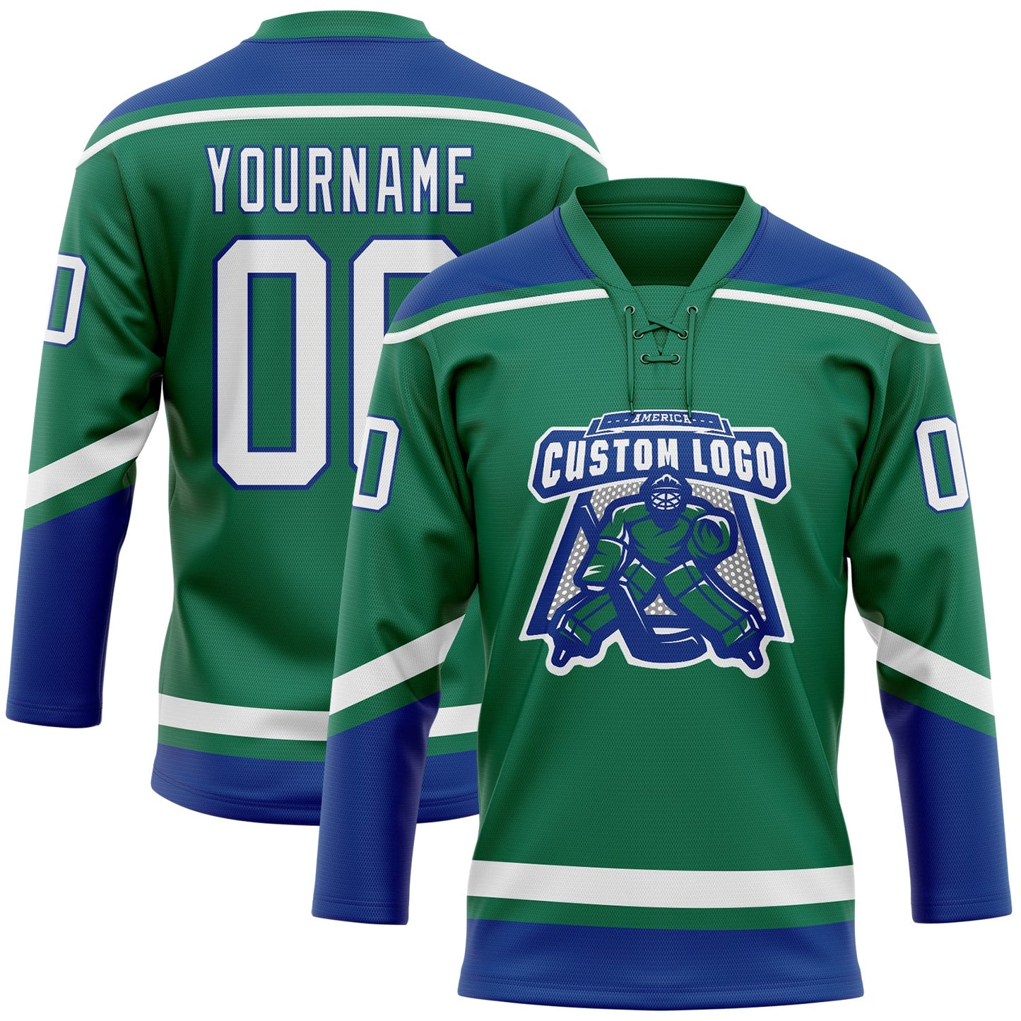 Custom Kelly Green White-Royal Hockey Lace Neck Jersey view 2