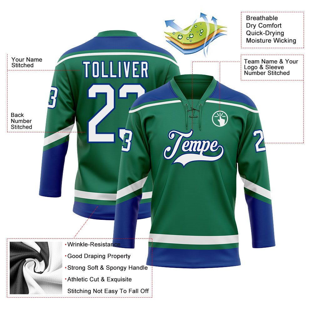 Custom Kelly Green White-Royal Hockey Lace Neck Jersey view 3