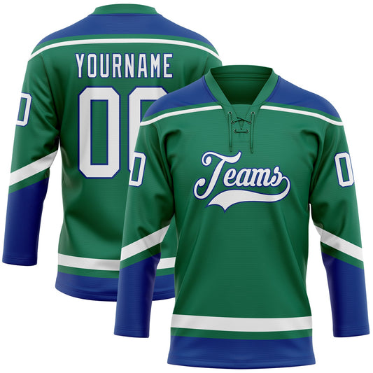 Custom Kelly Green White-Royal Hockey Lace Neck Jersey - Main View
