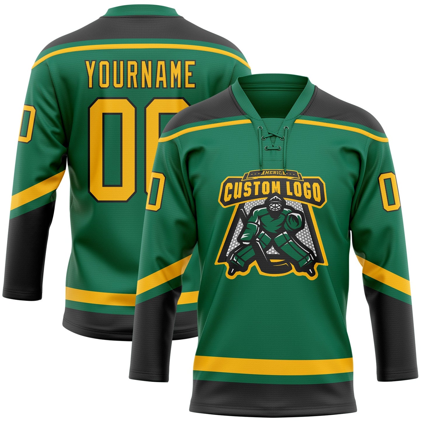 Custom Kelly Green Gold-Black Hockey Lace Neck Jersey view 2