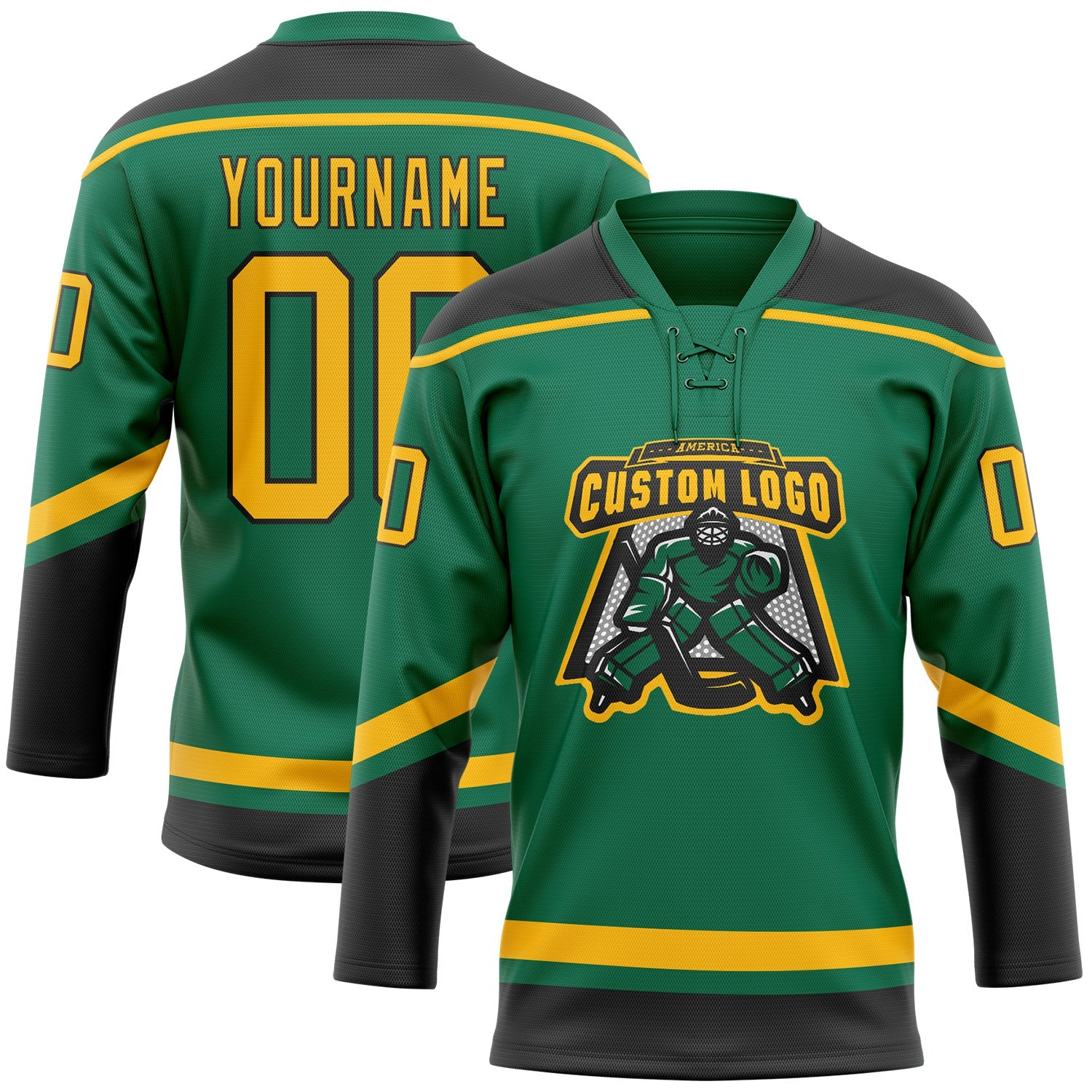 Custom Kelly Green Gold-Black Hockey Lace Neck Jersey view 2