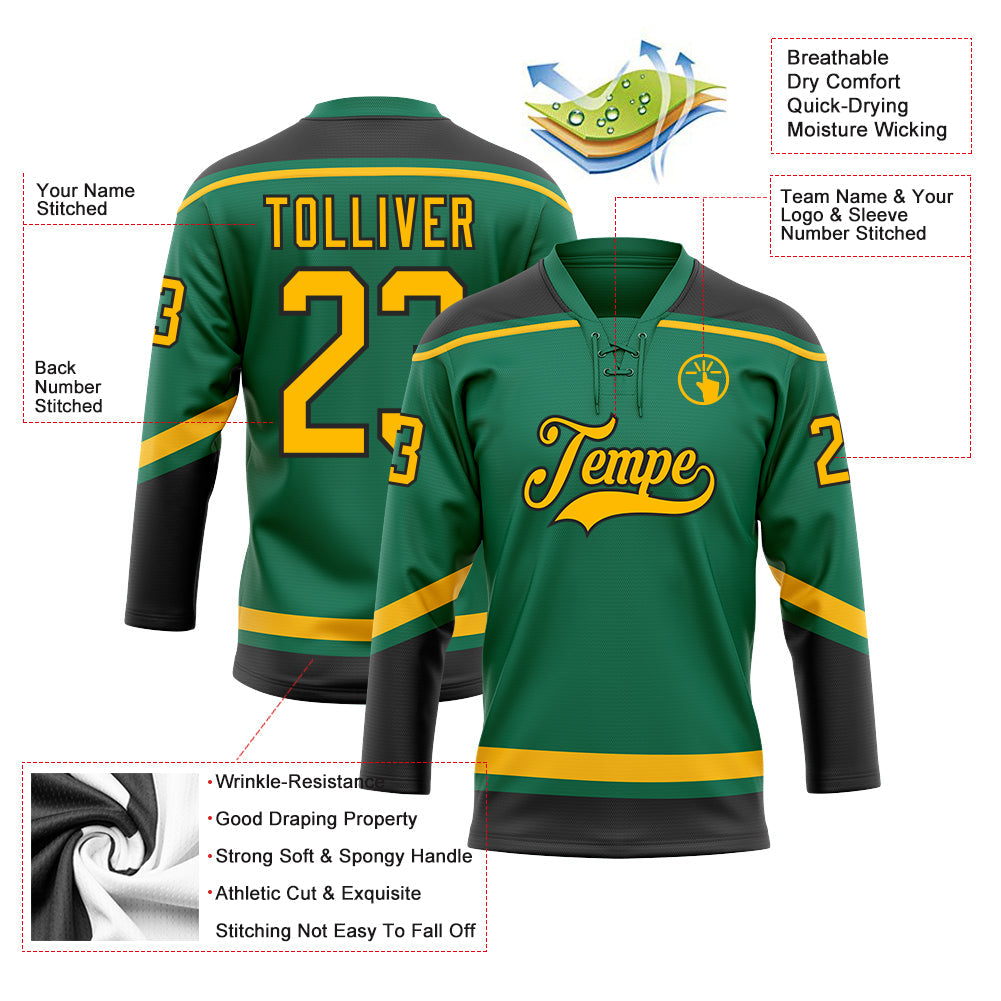 Custom Kelly Green Gold-Black Hockey Lace Neck Jersey view 3