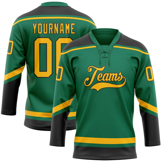 Custom Kelly Green Gold-Black Hockey Lace Neck Jersey - Main View